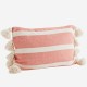 Coussin rectangulaire à pompons - rayé corail