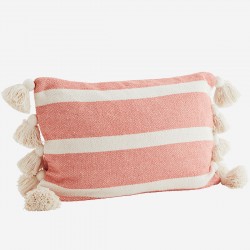 Coussin rectangulaire à pompons - rayé corail