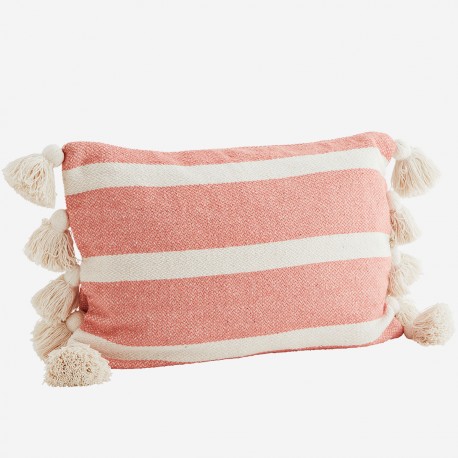 Coussin rectangulaire à pompons - rayé corail