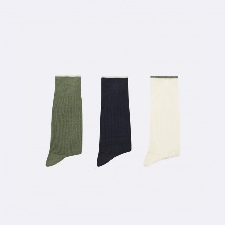 Trio de chaussettes unies piquées kaki/marine/ecru - 38/41