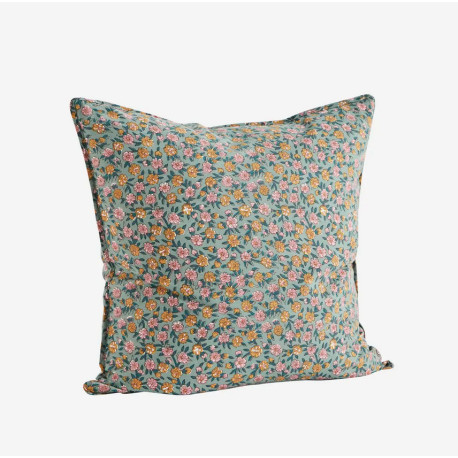 Coussin fleuri dusty green honey rose et son intérieur